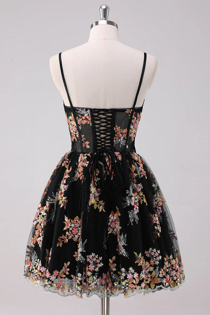 Black Floral Embroidered Corset Homecoming Dress with Spaghetti Straps, Sweetheart Neck, and Lace-Up Back