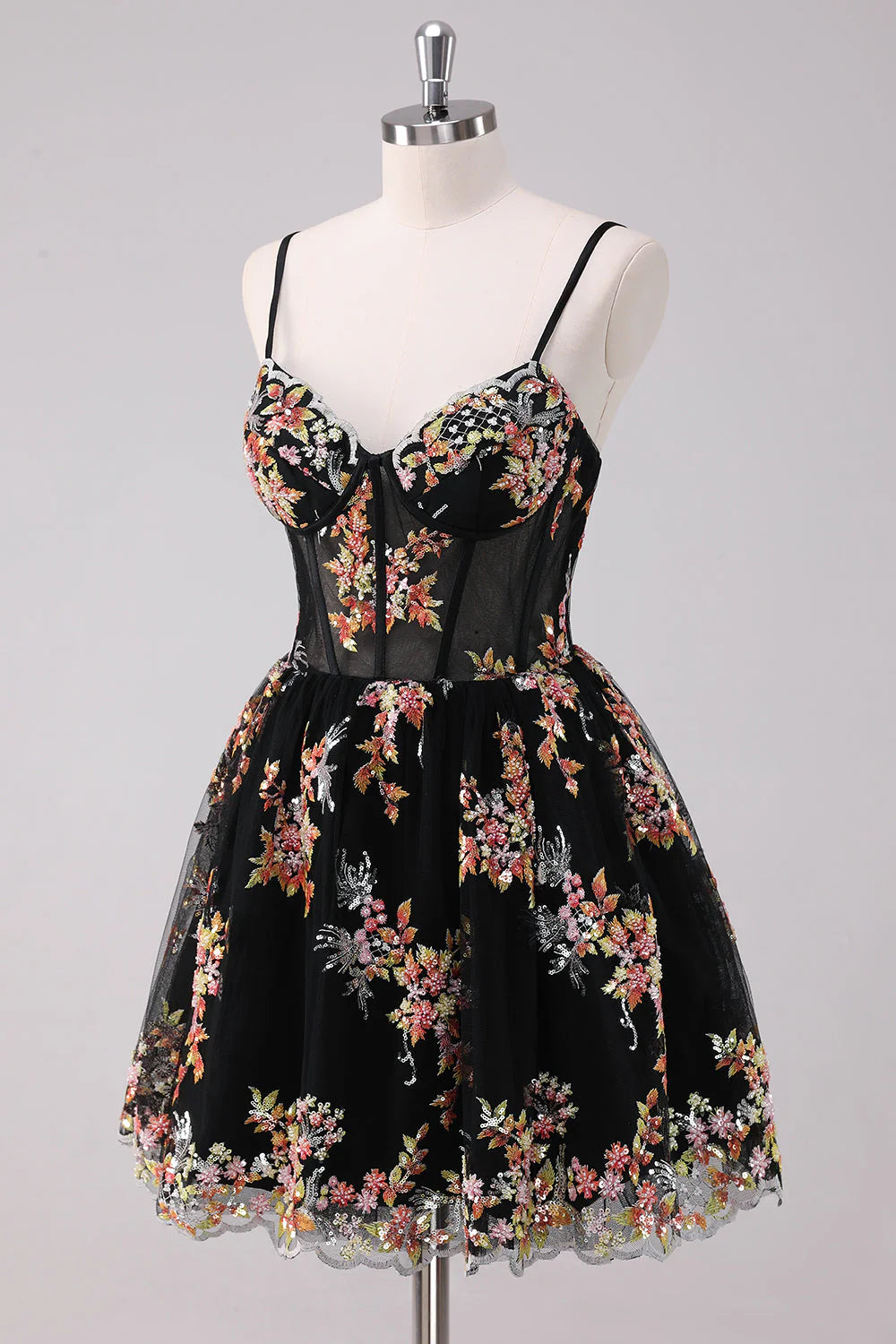 Black Floral Embroidered Corset Homecoming Dress with Spaghetti Straps, Sweetheart Neck, and Lace-Up Back