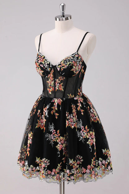Black Floral Embroidered Corset Homecoming Dress with Spaghetti Straps, Sweetheart Neck, and Lace-Up Back