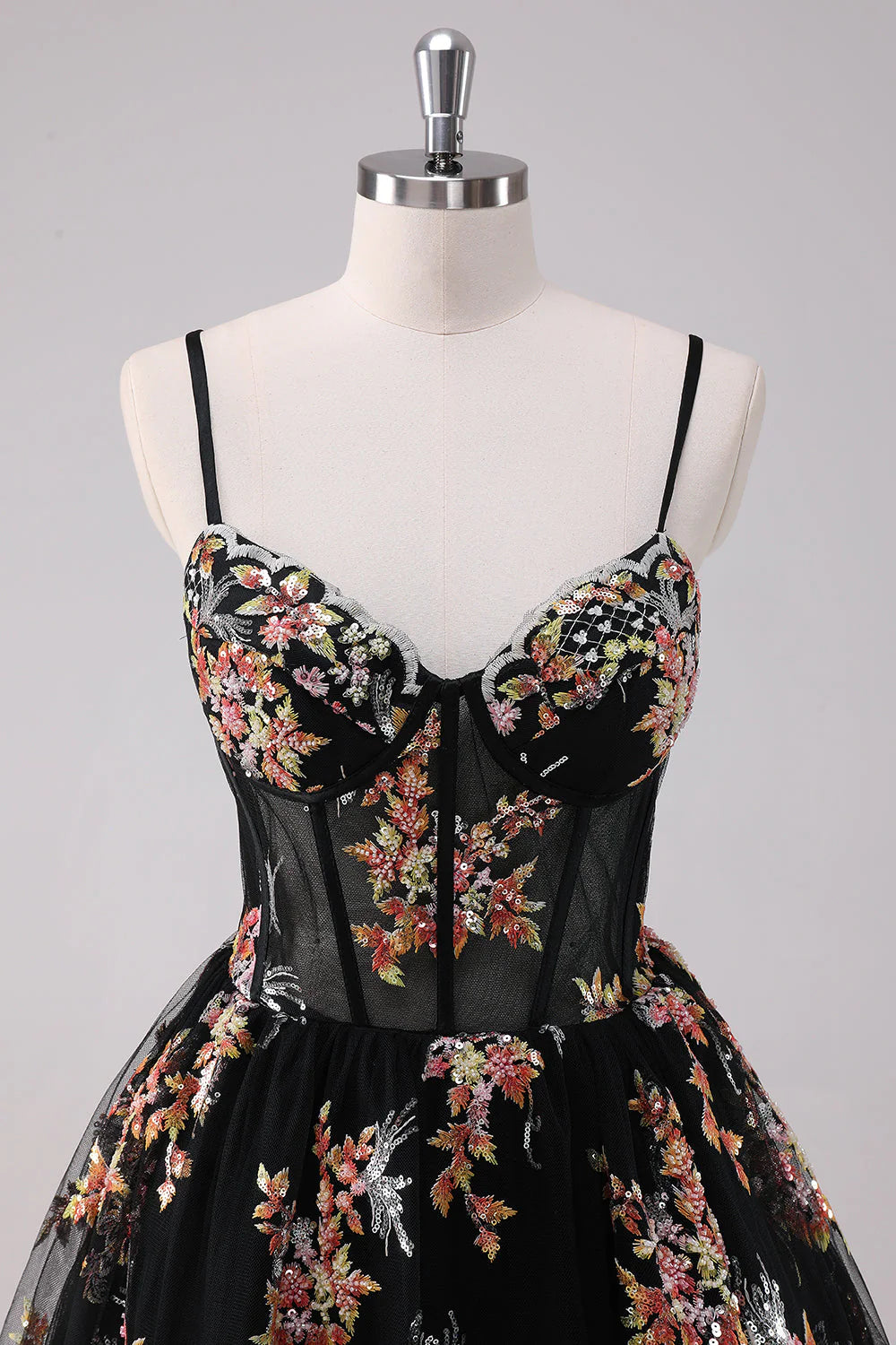 Black Floral Embroidered Corset Homecoming Dress with Spaghetti Straps, Sweetheart Neck, and Lace-Up Back