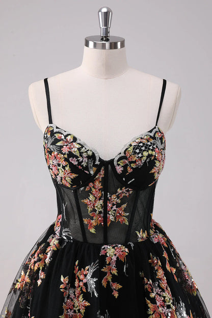 Black Floral Embroidered Corset Homecoming Dress with Spaghetti Straps, Sweetheart Neck, and Lace-Up Back