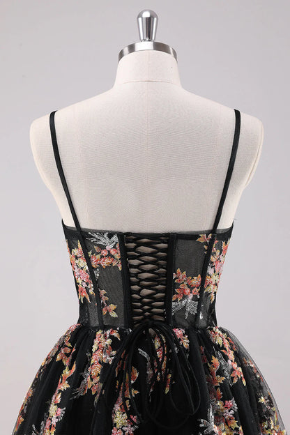 Black Floral Embroidered Corset Homecoming Dress with Spaghetti Straps, Sweetheart Neck, and Lace-Up Back