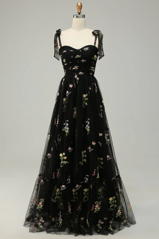 Black Floral Embroidered Tulle Tie-Strap Sweetheart A-Line Prom Dress For Events