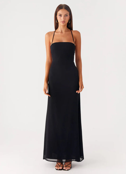 Black Halter Neck Square Bust Lace-Up Back Chiffon Maxi Prom Dress