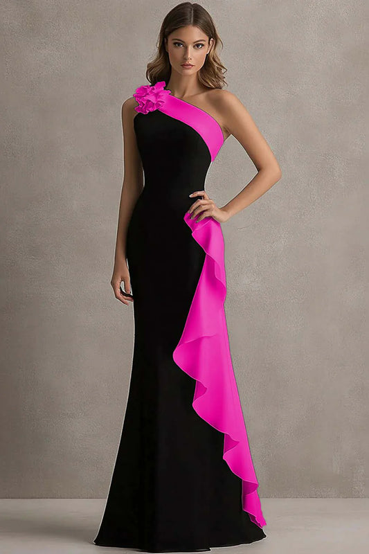 Black Hot Pink One-Shoulder Ruffle Mermaid Maxi Prom Dress Formal Evening Gown