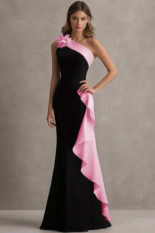 Black Hot Pink One-Shoulder Ruffle Mermaid Maxi Prom Dress Formal Evening Gown