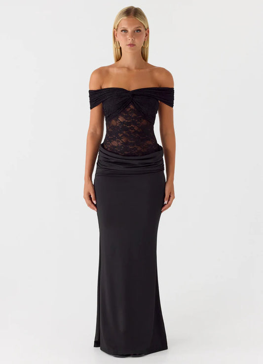 Black Lace Insert Off Shoulder Prom Dress Ruched Maxi Gown