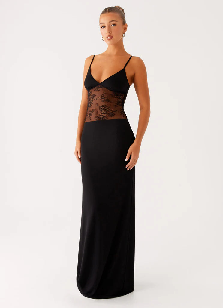 Black Lace Insert Prom Dress One Shoulder Maxi Gown with Open Back