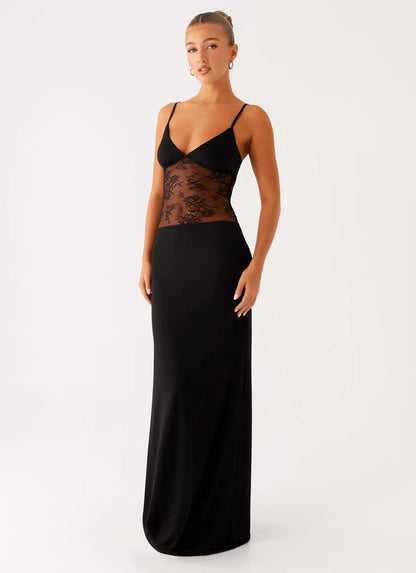 Black Lace Insert Prom Dress One Shoulder Maxi Gown with Open Back
