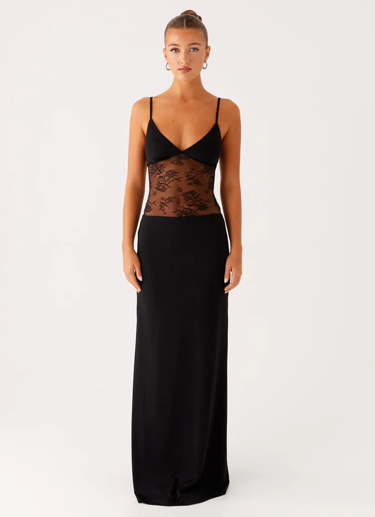 Black Lace Insert Prom Dress One Shoulder Maxi Gown with Open Back