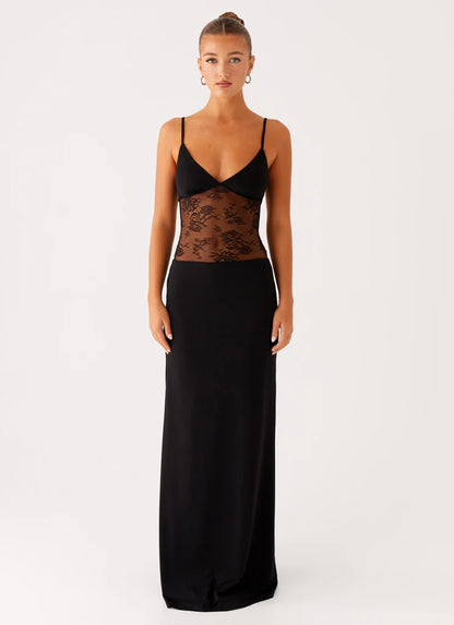 Black Lace Insert Prom Dress One Shoulder Maxi Gown with Open Back