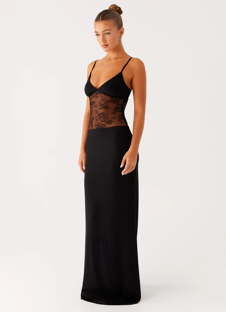 Black Lace Insert Prom Dress One Shoulder Maxi Gown with Open Back