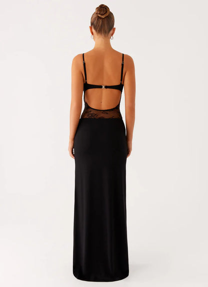 Black Lace Insert Prom Dress One Shoulder Maxi Gown with Open Back
