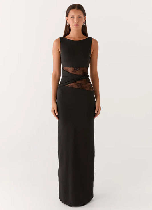 Black Lace Insert Twisted Waist Sleeveless Backless Maxi Prom Dress Formal Evening Gown