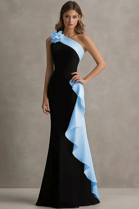 Black Light Blue One-Shoulder Ruffle Mermaid Maxi Prom Dress Formal Evening Gown