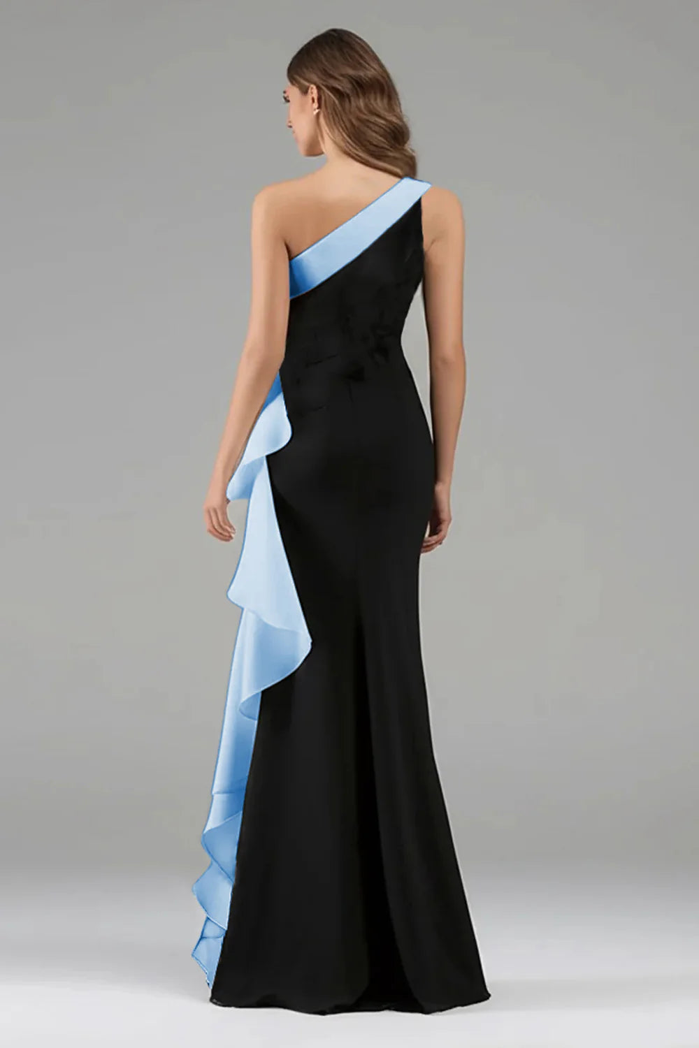 Black Light Blue One-Shoulder Ruffle Mermaid Maxi Prom Dress Formal Ev ...
