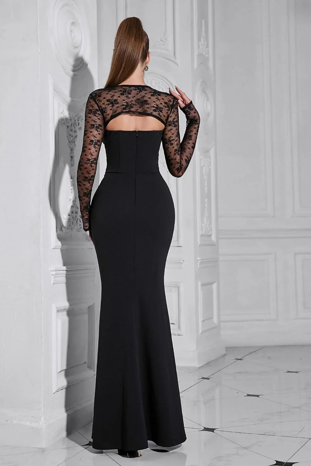 Black Long Sleeve Lace Cutout Corset Mermaid Evening Prom Dress