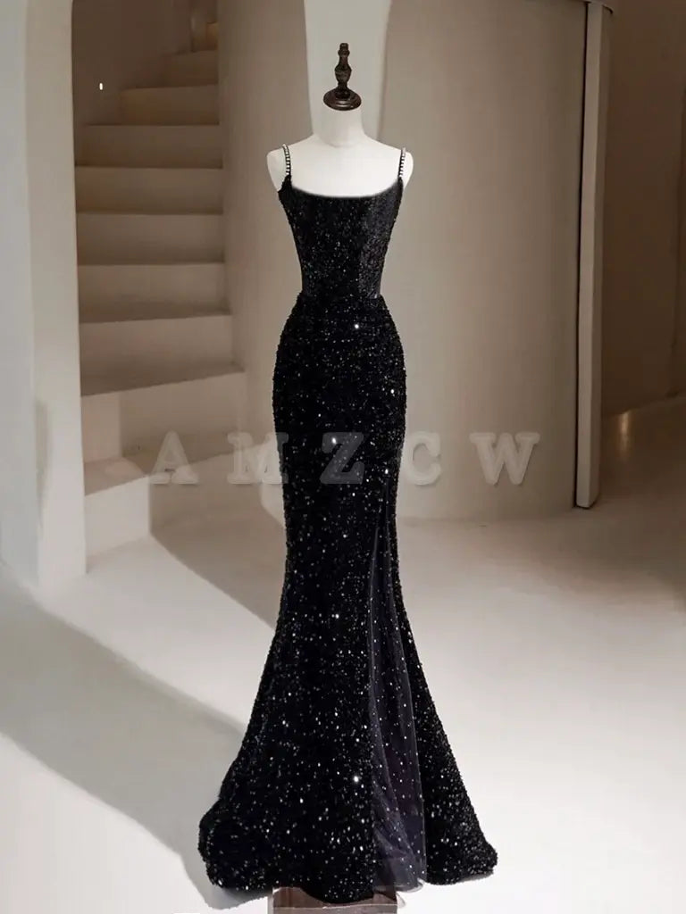 Vestido de fiesta largo con lentejuelas y sirena negra de Amzcw, vestido formal negro, vestido de fiesta en tienda 