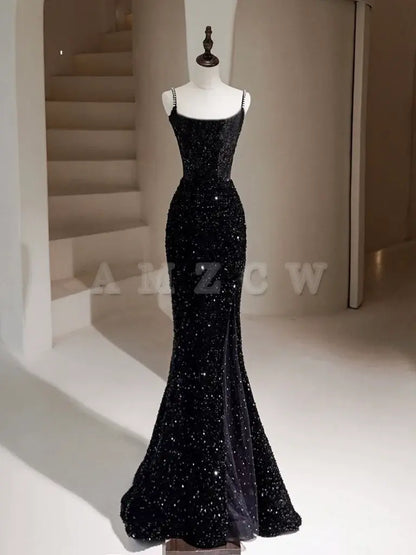 Vestido de fiesta largo con lentejuelas y sirena negra de Amzcw, vestido formal negro, vestido de fiesta en tienda 
