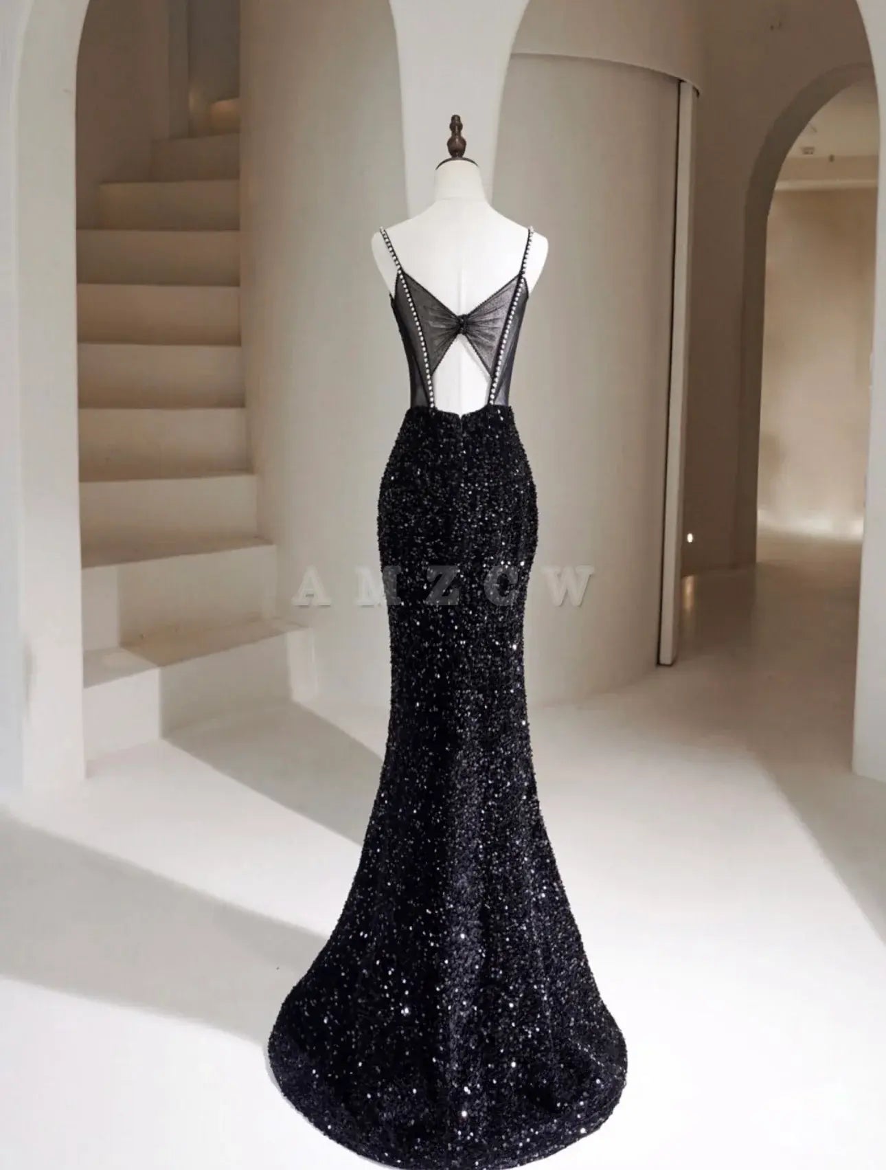Vestido de fiesta largo con lentejuelas y sirena negra de Amzcw, vestido formal negro, vestido de fiesta en tienda 