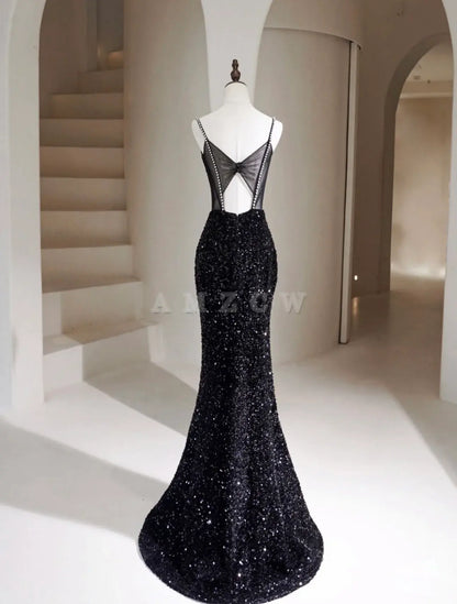 Vestido de fiesta largo con lentejuelas y sirena negra de Amzcw, vestido formal negro, vestido de fiesta en tienda 