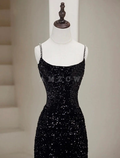 Vestido de fiesta largo con lentejuelas y sirena negra de Amzcw, vestido formal negro, vestido de fiesta en tienda 