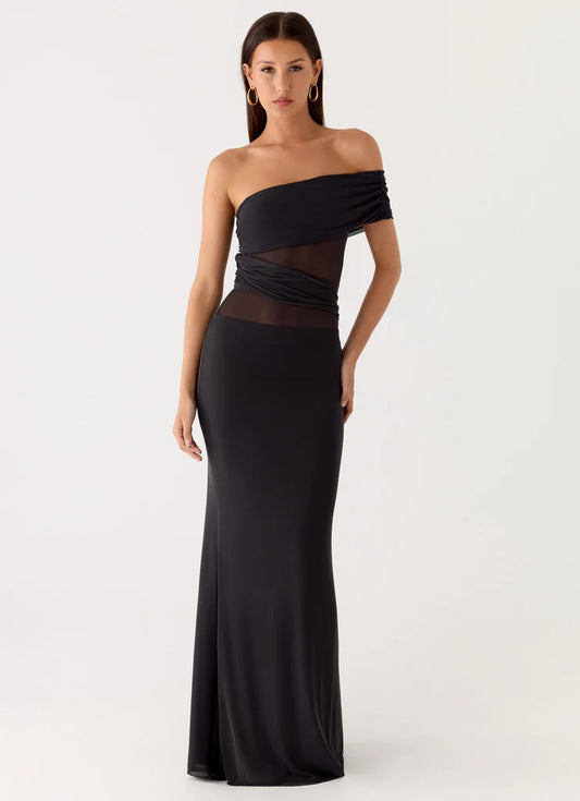 Black Off Shoulder Sheer Mesh Ruched Waist Maxi Prom Dress Formal Evening Gown
