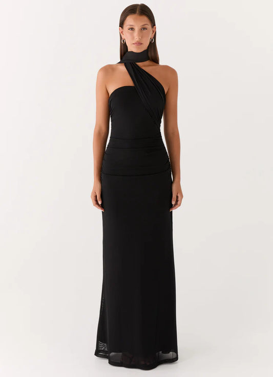 Black Ruched Halter Neck Prom Dress One Shoulder Maxi Gown with Draped Detail