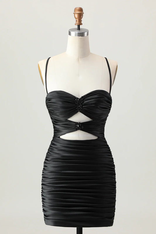 Black Satin Cutout Bodycon Homecoming Dress with Beading and Lace-Up Back