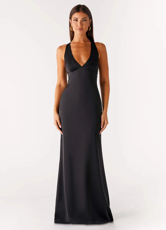 Black Satin Halter Neck Prom Dress Cross Back Maxi Gown with Ruched Bust