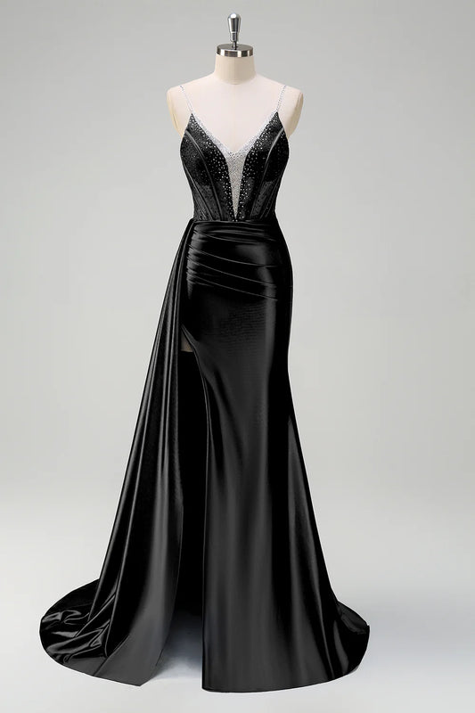Black Satin Sheer Beaded Corset Spaghetti Strap Mermaid Prom Dress with Slit and Train