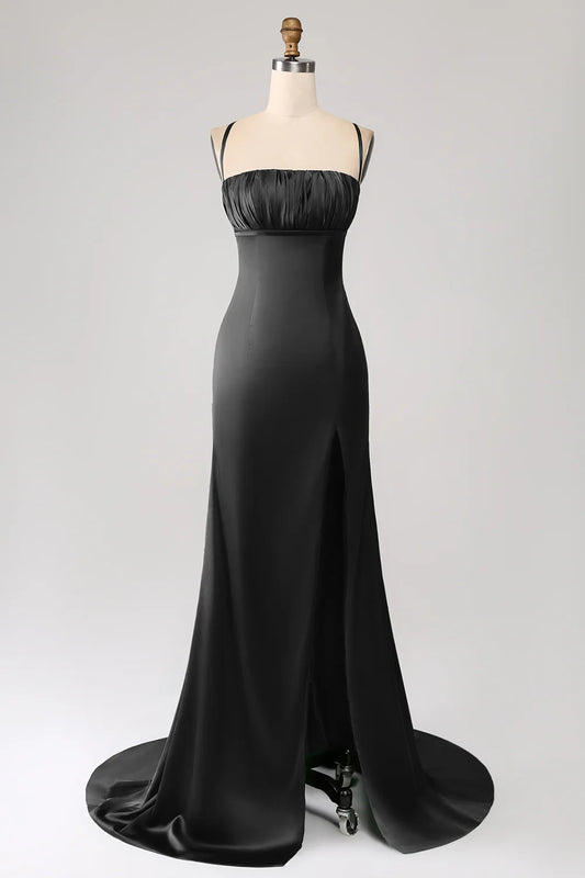 Black Satin Spaghetti Strap Square Neck Mermaid Prom Dress with High Slit