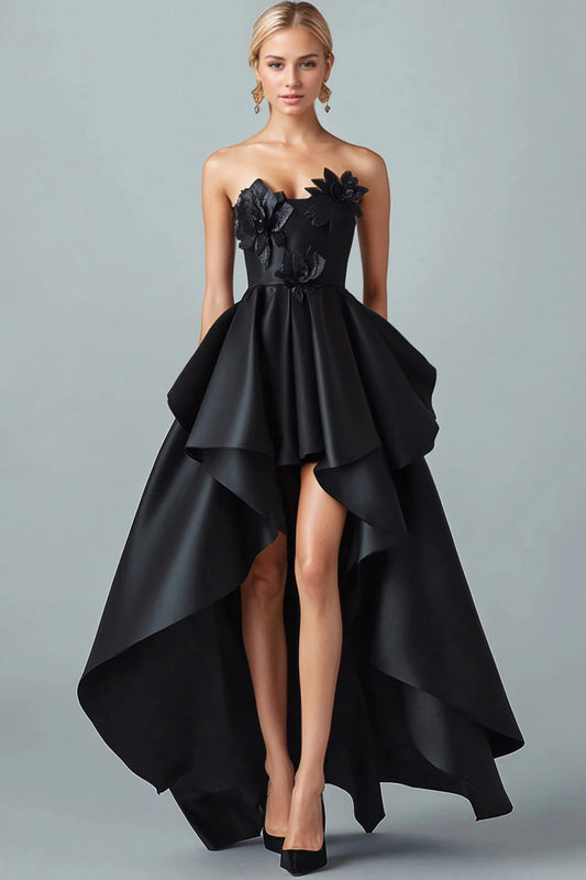 Black Satin Strapless Sweetheart 3D Floral High-Low A-Line Prom Dress
