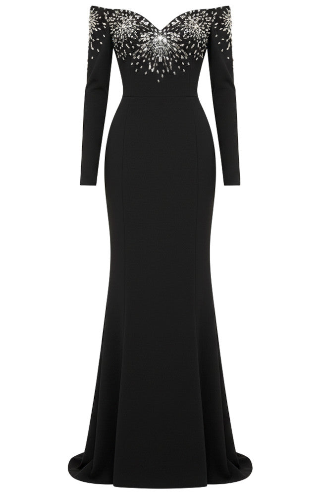 Black Sequin Off-the-Shoulder Mermaid Long Evening Gown for Party Wedding Banquet Festival Prom Formal Occasions