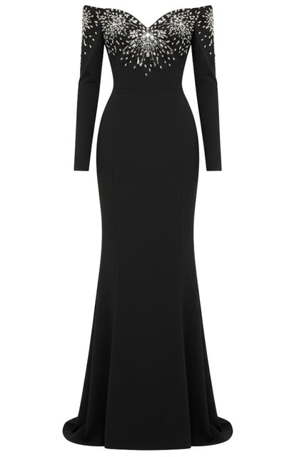 Black Sequin Off-the-Shoulder Mermaid Long Evening Gown for Party Wedding Banquet Festival Prom Formal Occasions