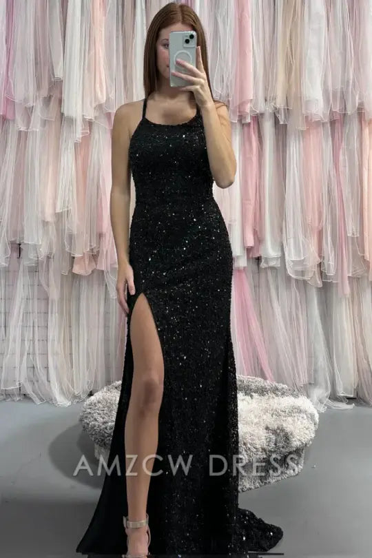 Vestido de fiesta largo sin mangas con escote redondo y lentejuelas negras de Amzcw