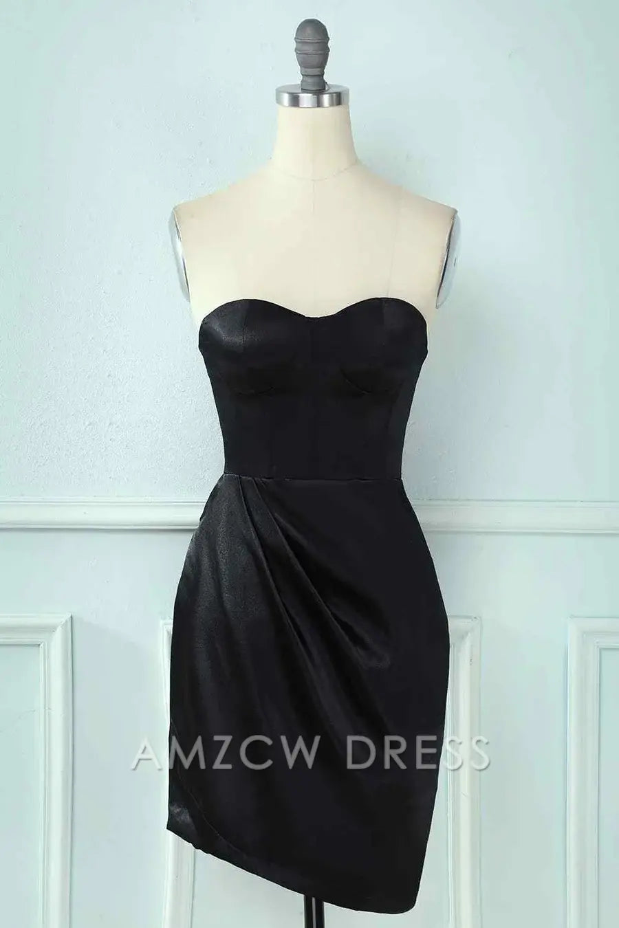 Amzcw Elegant Black Sheath Strapless Sweetheart Pleated Leather Mini Homecoming Dress formal wear dresses