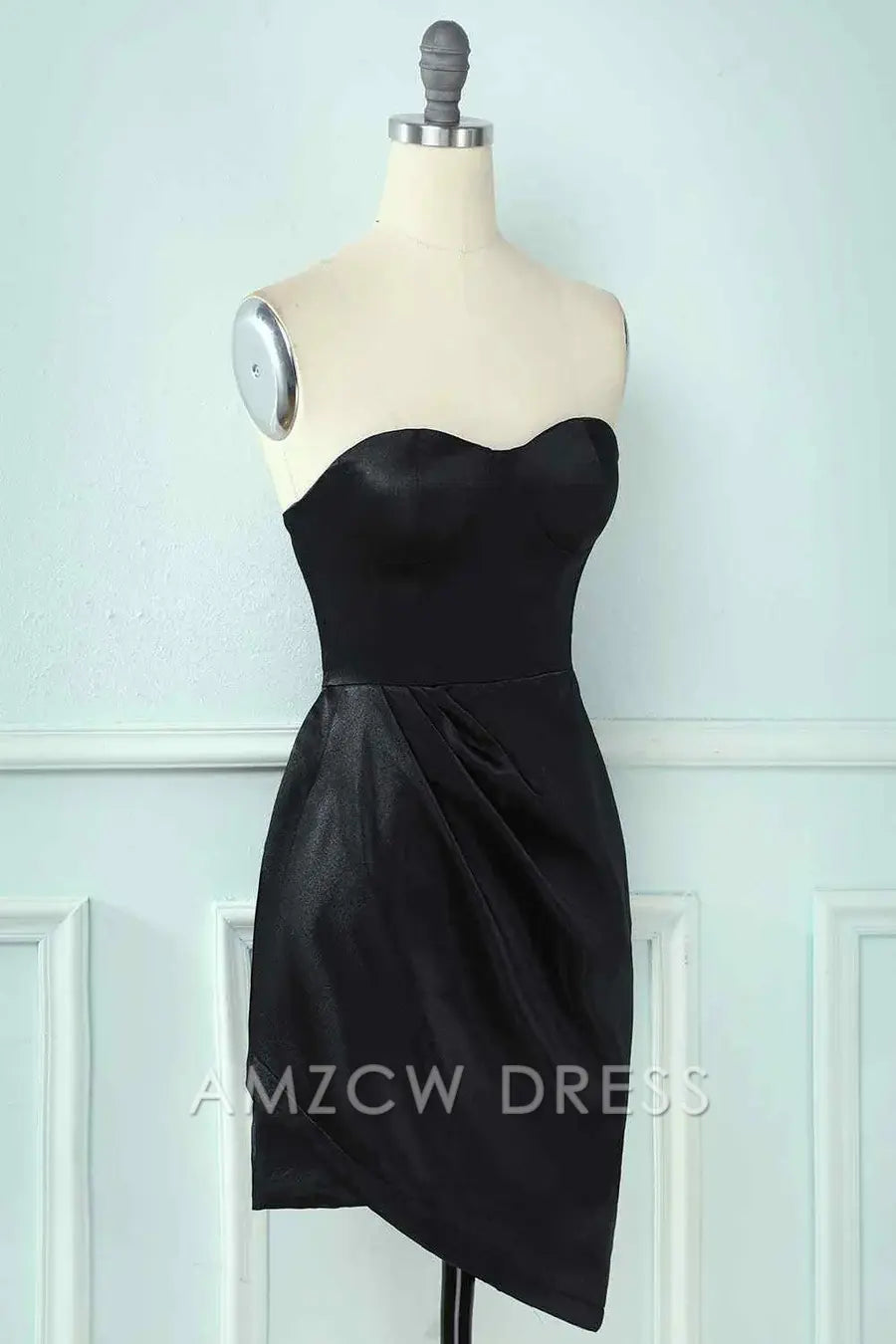 Amzcw Elegant Black Sheath Strapless Sweetheart Pleated Leather Mini Homecoming Dress formal wear dresses