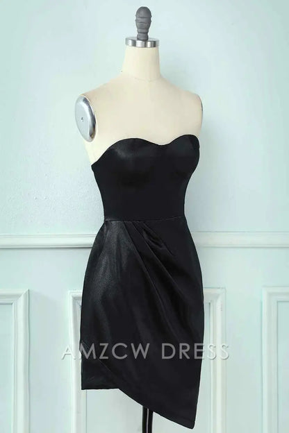 Amzcw Elegant Black Sheath Strapless Sweetheart Pleated Leather Mini Homecoming Dress formal wear dresses