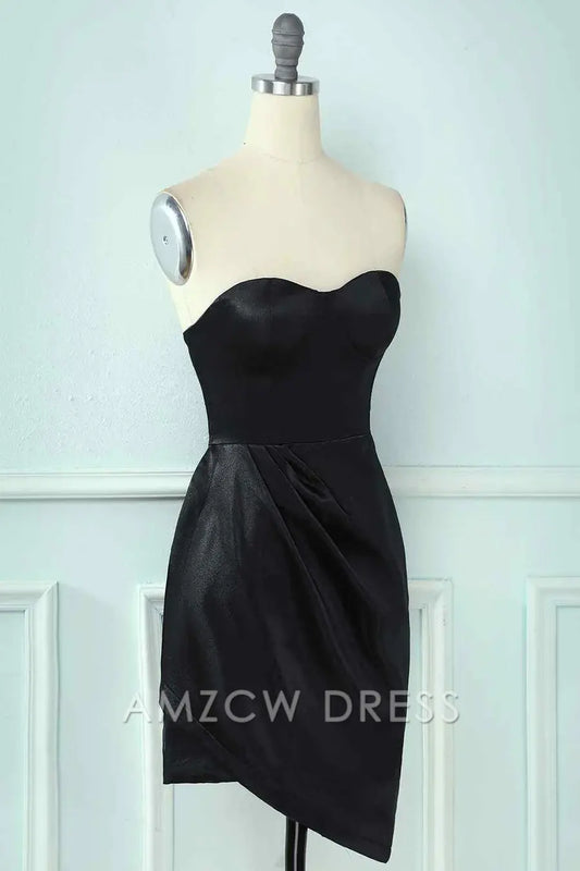 Amzcw Elegant Black Sheath Strapless Sweetheart Pleated Leather Mini Homecoming Dress formal wear dresses