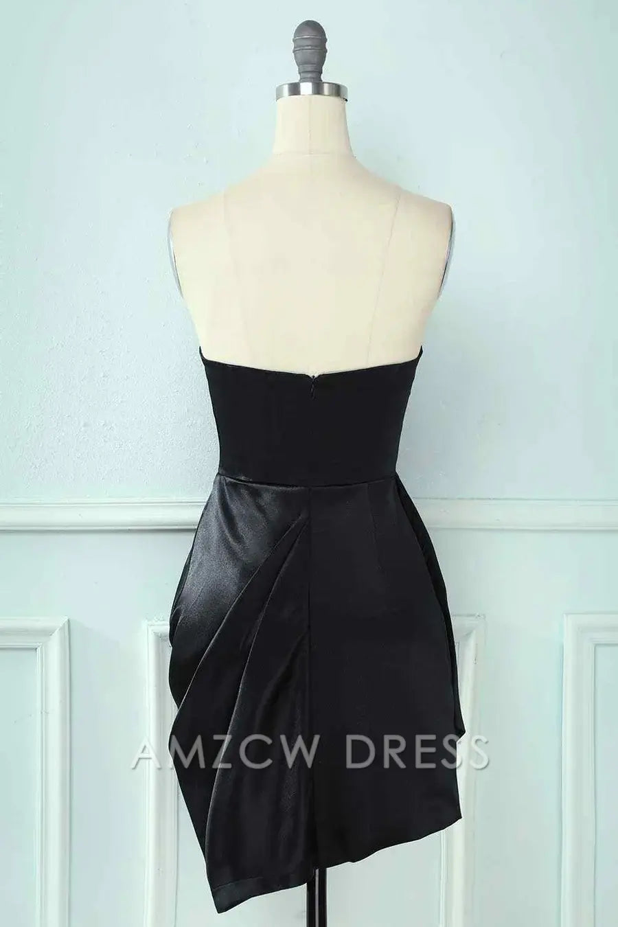 Amzcw Elegant Black Sheath Strapless Sweetheart Pleated Leather Mini Homecoming Dress formal wear dresses