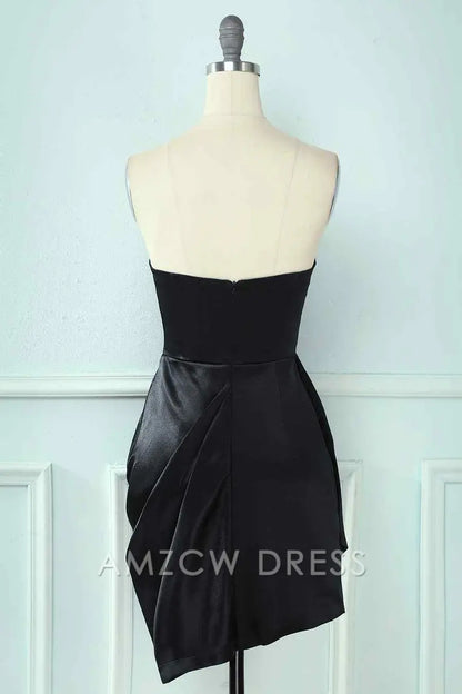 Amzcw Elegant Black Sheath Strapless Sweetheart Pleated Leather Mini Homecoming Dress formal wear dresses