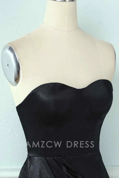 Amzcw Elegant Black Sheath Strapless Sweetheart Pleated Leather Mini Homecoming Dress formal wear dresses