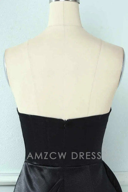 Amzcw Elegant Black Sheath Strapless Sweetheart Pleated Leather Mini Homecoming Dress formal wear dresses