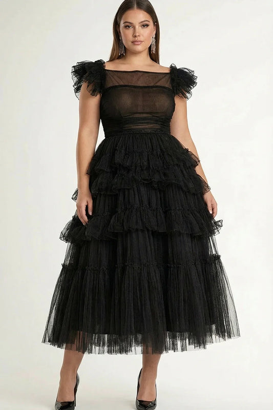 Black Sheer Mesh Tiered Tulle Prom Dress with Ruffle Cap Sleeve Square Neck Ruched Bodice Midi A-Line Evening Gown