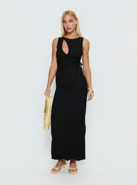 Black Sleeveless Prom Dress with Cutout Detail and Textured Fabric for Formal Events and Prom Nights