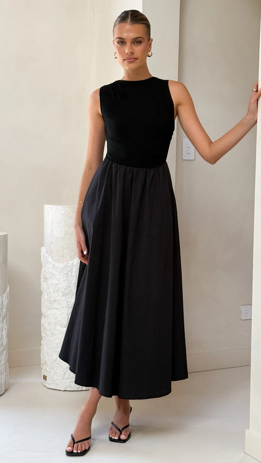 Black Sleeveless Round Neck Midi Prom Dress with A-Line Skirt for Formal Events and Prom Nights