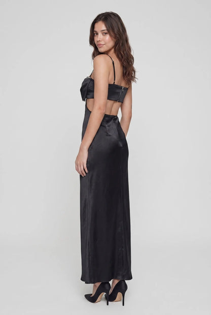 Black Spaghetti Strap Bow Front Cutout Satin Formal Evening Prom Dress With Crystal Trim