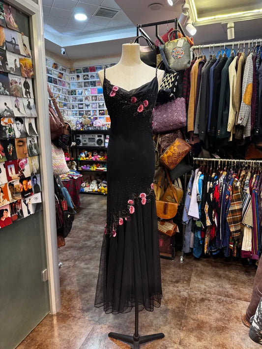 Black Spaghetti Strap Floral Embroidered Chiffon Mermaid Floor Length Prom Dress