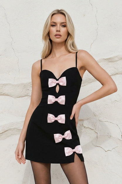 Black Spaghetti Strap Pink Bow Detail Sweetheart Neck Keyhole Mini Homecoming Dress